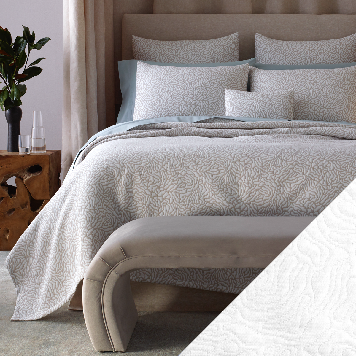 Full Bed Dressed in Matouk Schumacher Cora Bedding in Natural White Color with White Swatch