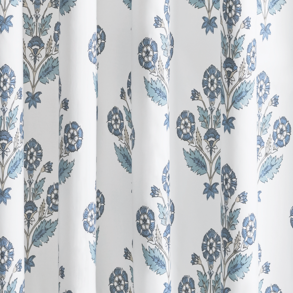 Fabric Closeup of Matouk Schumacher Dalila Shower Curtain in Mineral Blue color