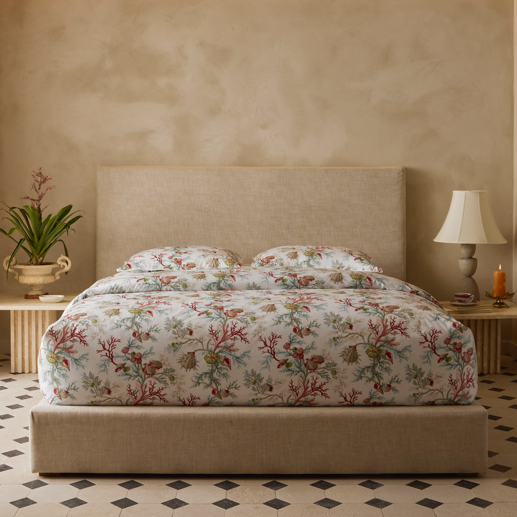 Bed in Matouk Schumacher Del Tesoro Bedding in Coral Color