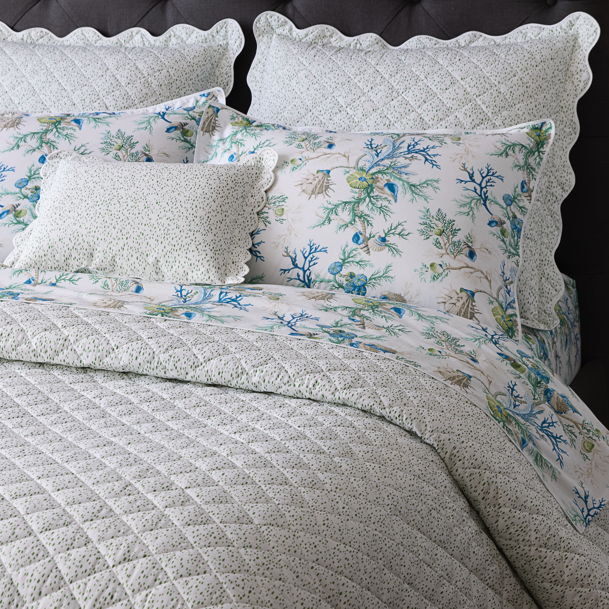 Celine Grass Coordinate with Matouk Schumacher Del Tesoro Bedding in Sea Color