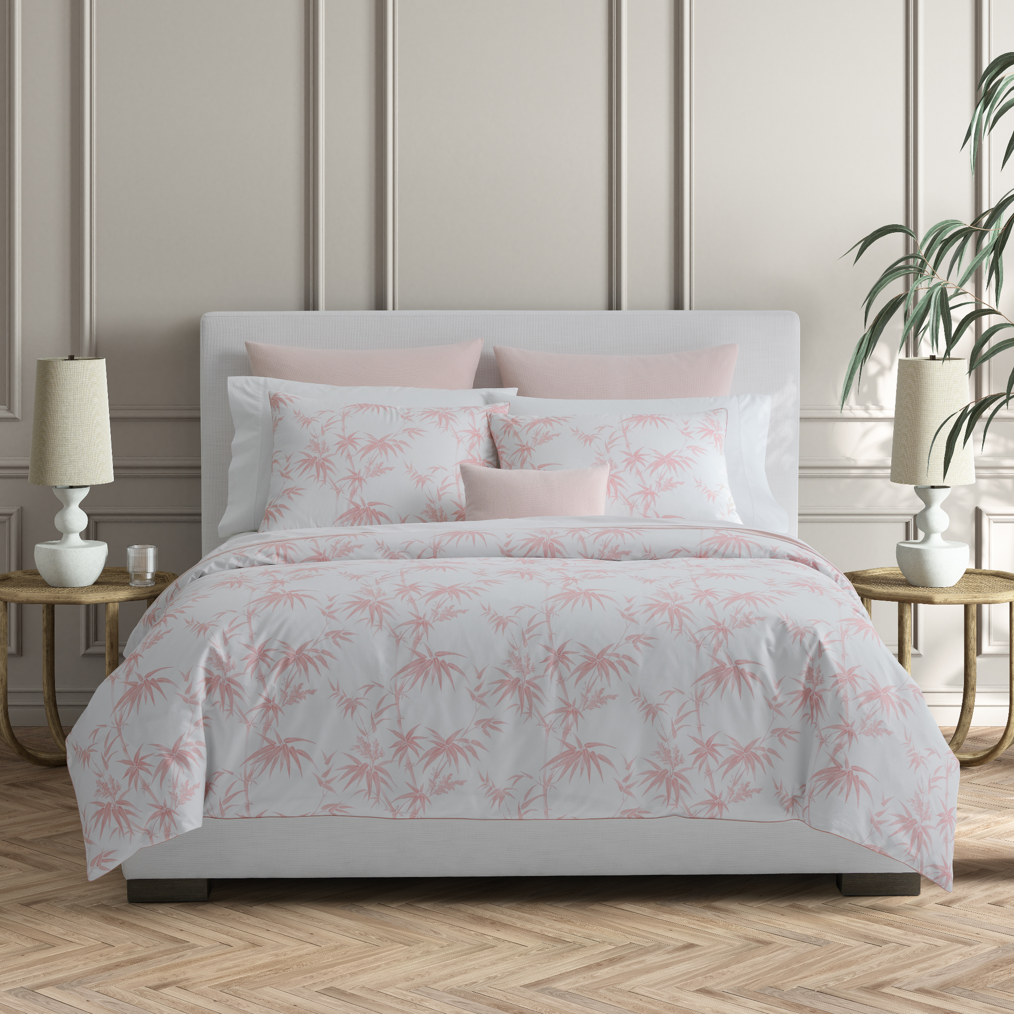 Full Bed in Matouk Schumacher Dominique Bedding in Blush Color