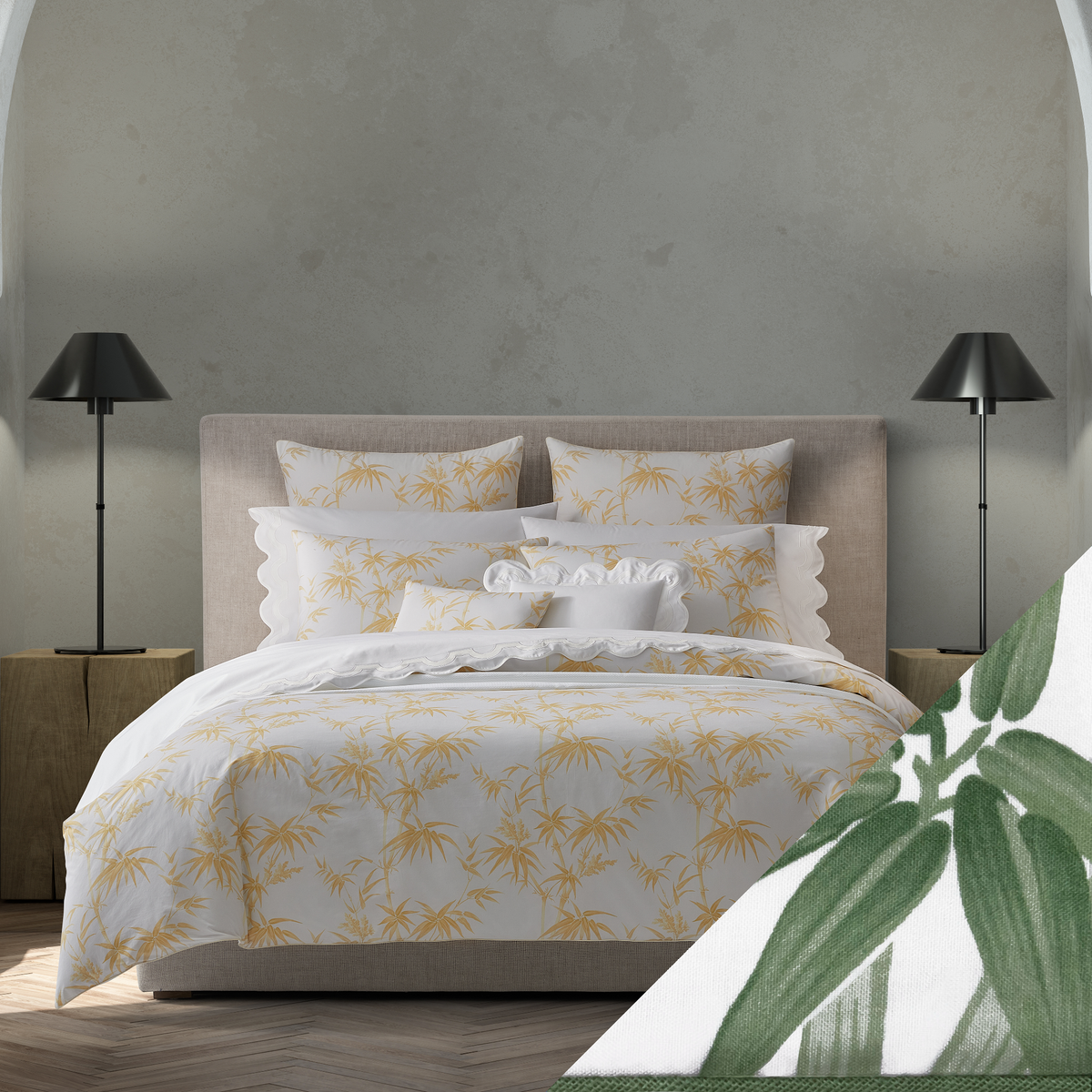 Full Bed in Matouk Schumacher Dominique Bedding in Lemon Color with Palm Swatch