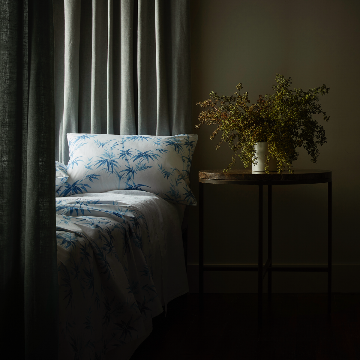 Lifestyle Image of Full Bed in Matouk Schumacher Dominique Bedding in Azure Color