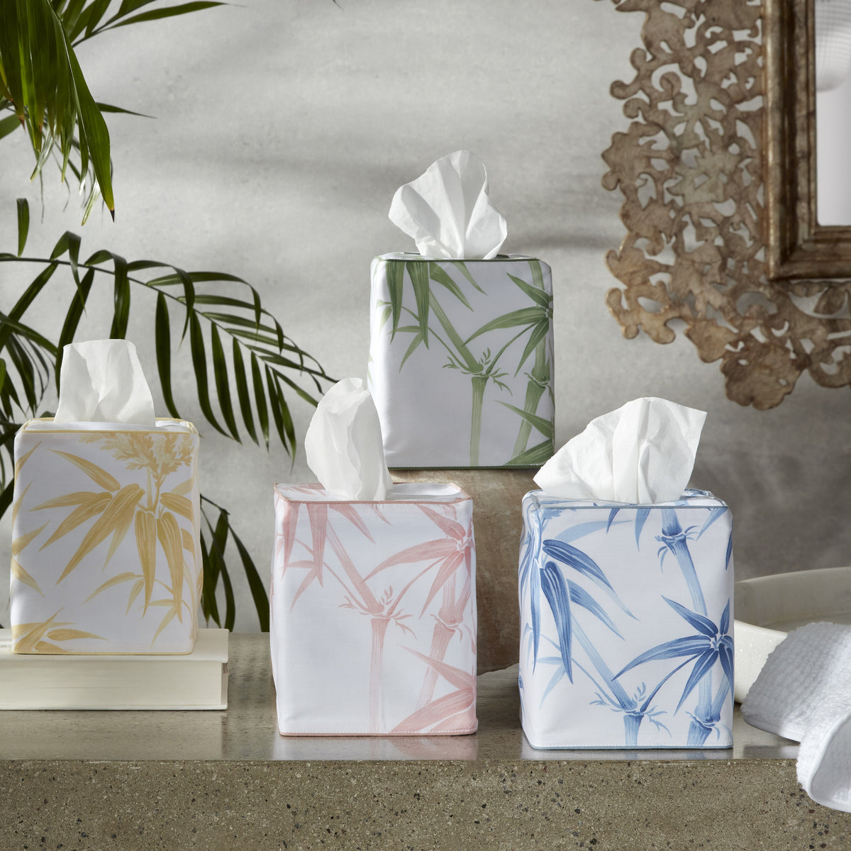 Matouk Schumacher Dominique Tissue Box covers in Azure, Blush, Lemon and Palm