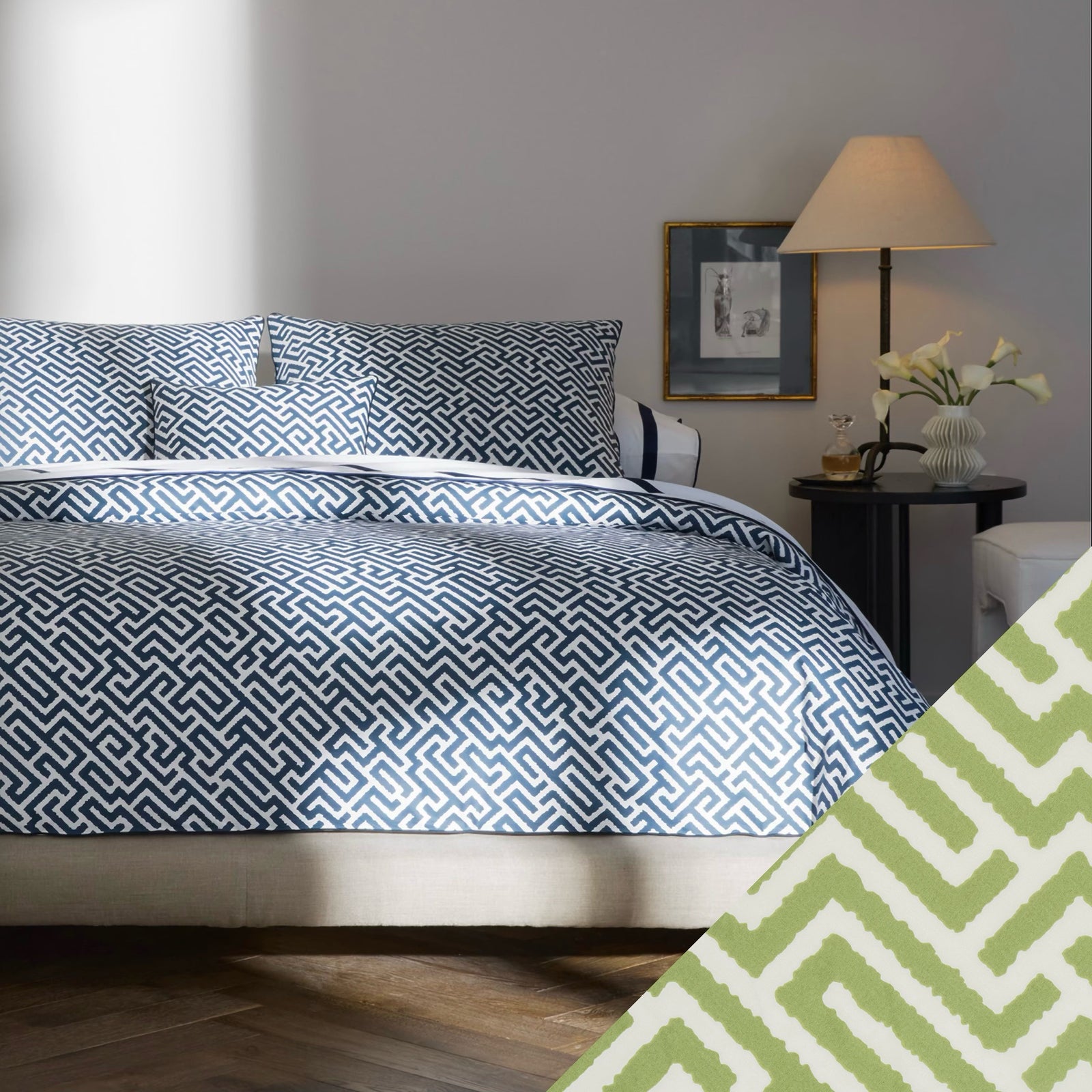 Matouk Schumacher Gabriel Bedding in Indigo with Grass Swatch