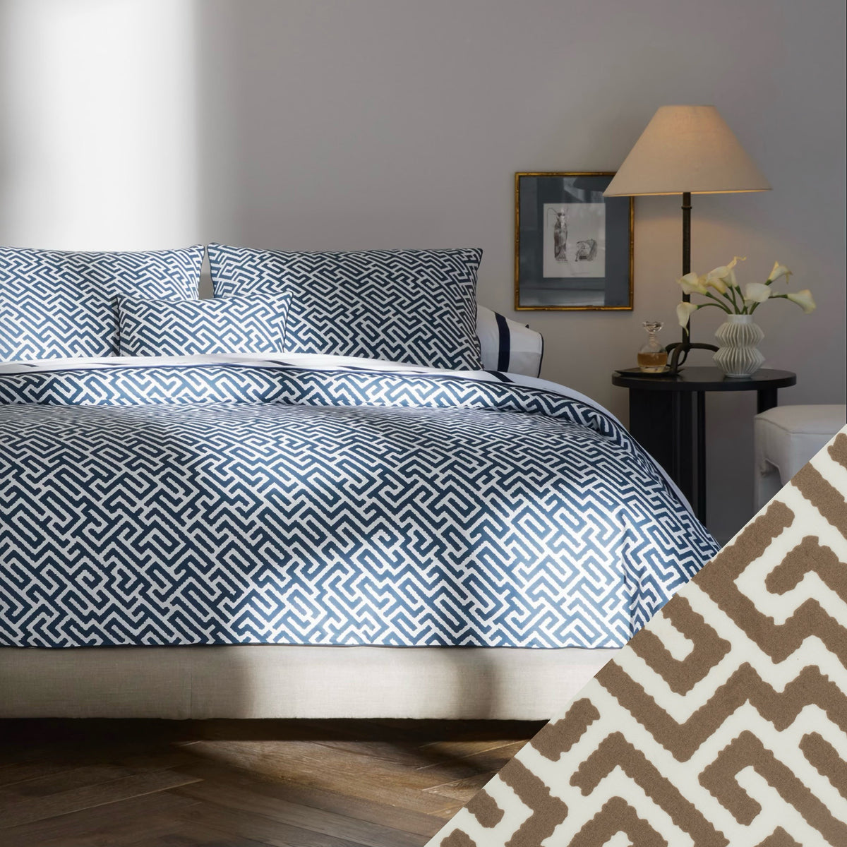 Matouk Schumacher Gabriel Bedding in Indigo with Mocha Swatch