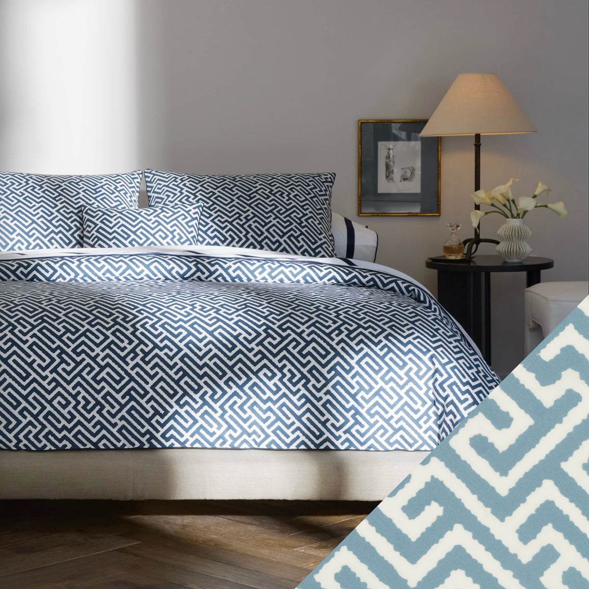Matouk Schumacher Gabriel Bedding in Indigo with Stony Blue Swatch