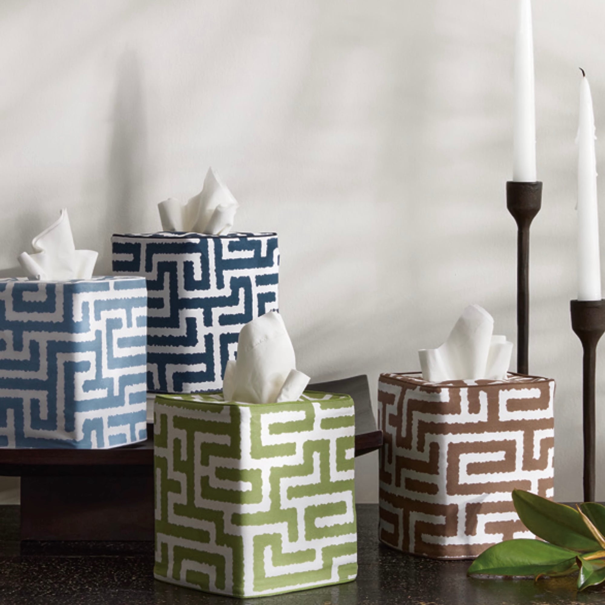 Colors of Matouk Schumacher Gabriel Tissue Box Covers in fall 2025