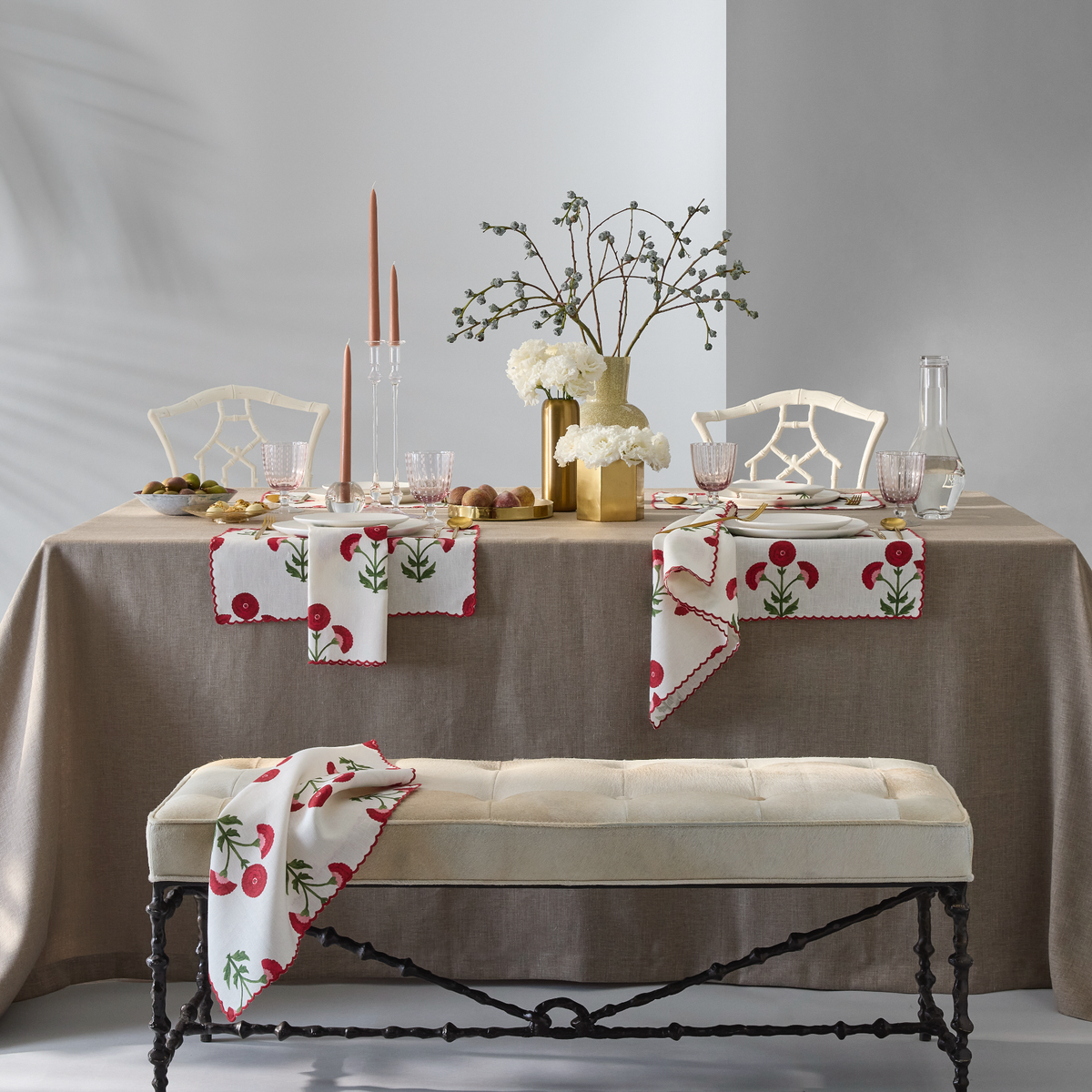 Lifestyle Photo of Matouk Schumacher Gisele Table Linens Scarlet Color without Model