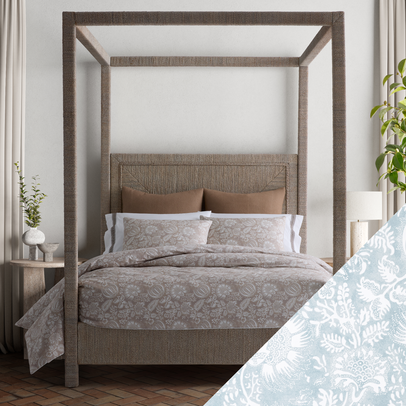 Full Bed Dressed in Matouk Granada Bedding in Hazy Blue Color