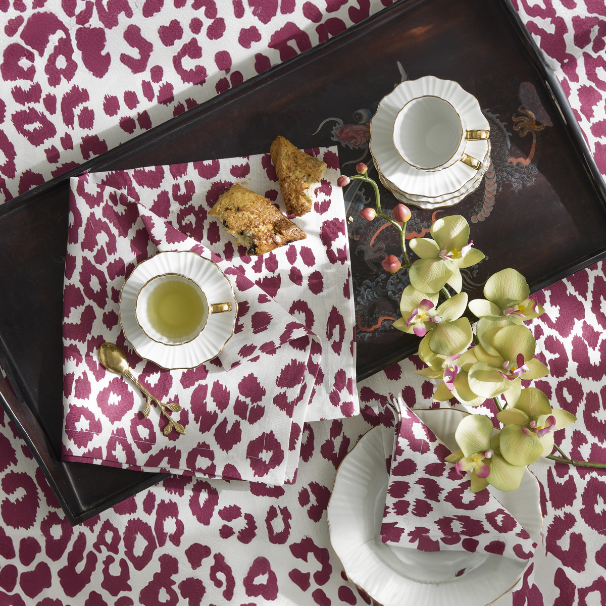 Matouk Schumacher Iconic Leopard Table Linens in Crimson