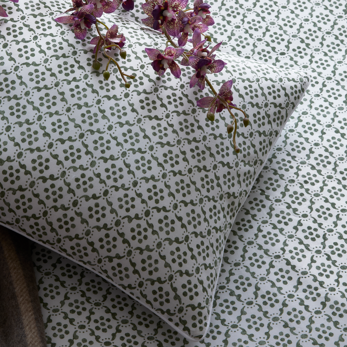 Detail View of Swatch Matouk Schumacher Laksha Bedding in Moss color