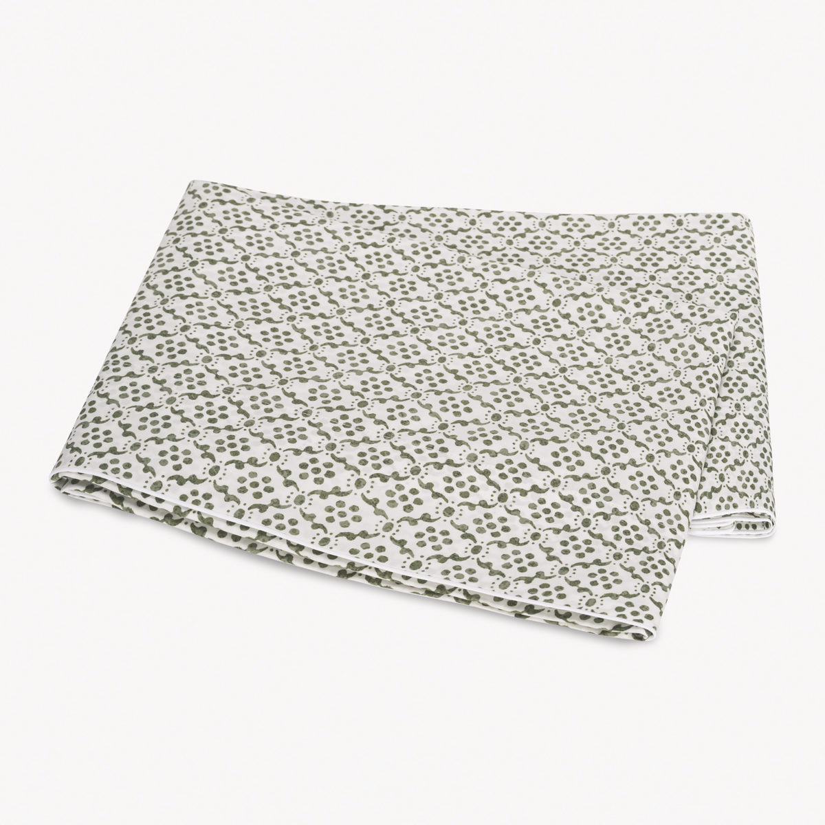Folded Flat Sheet of Matouk Schumacher Laksha Bedding in Moss color