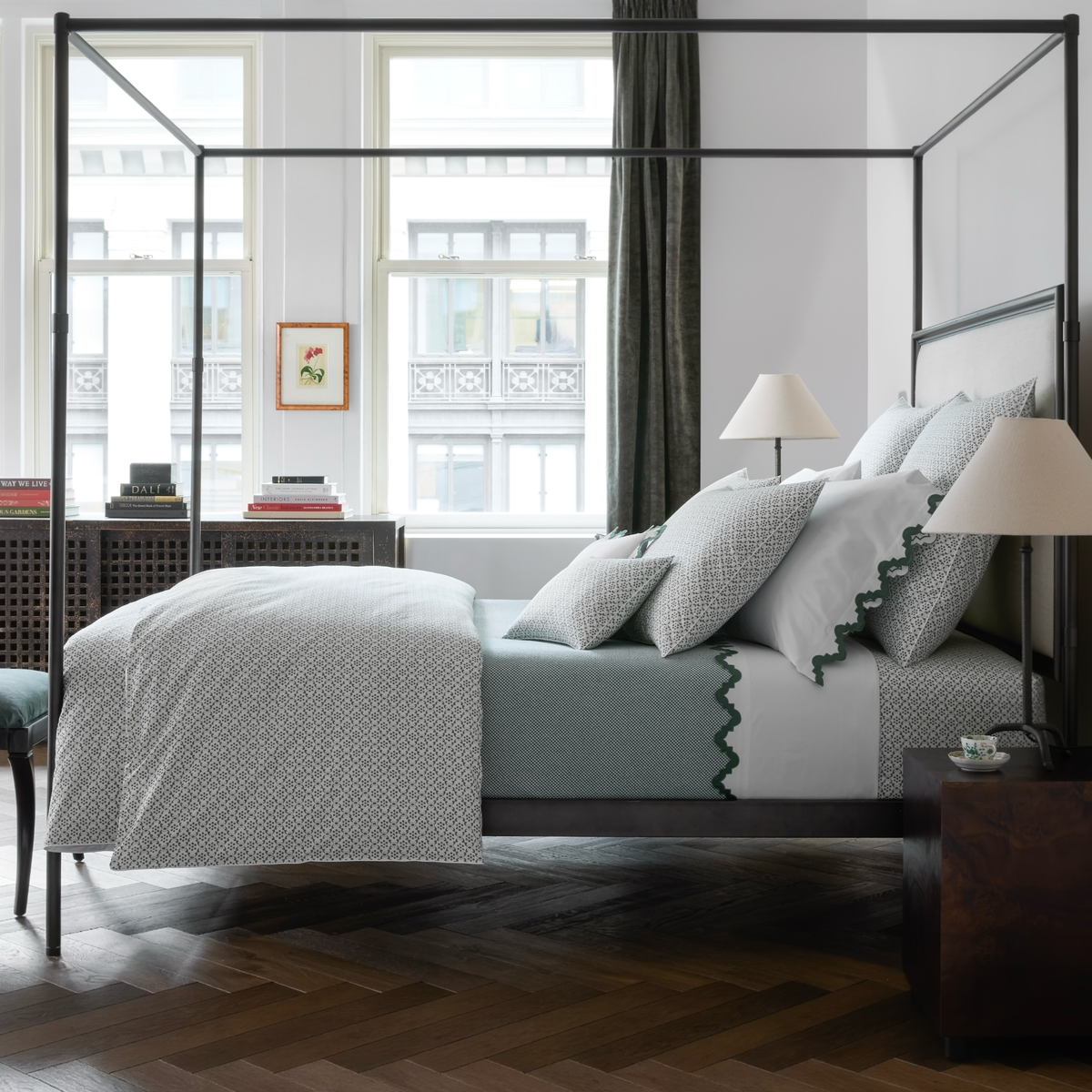 Bed with Matouk Schumacher Laksha in Moss shown with Aziza in Green and Jackson in Jade