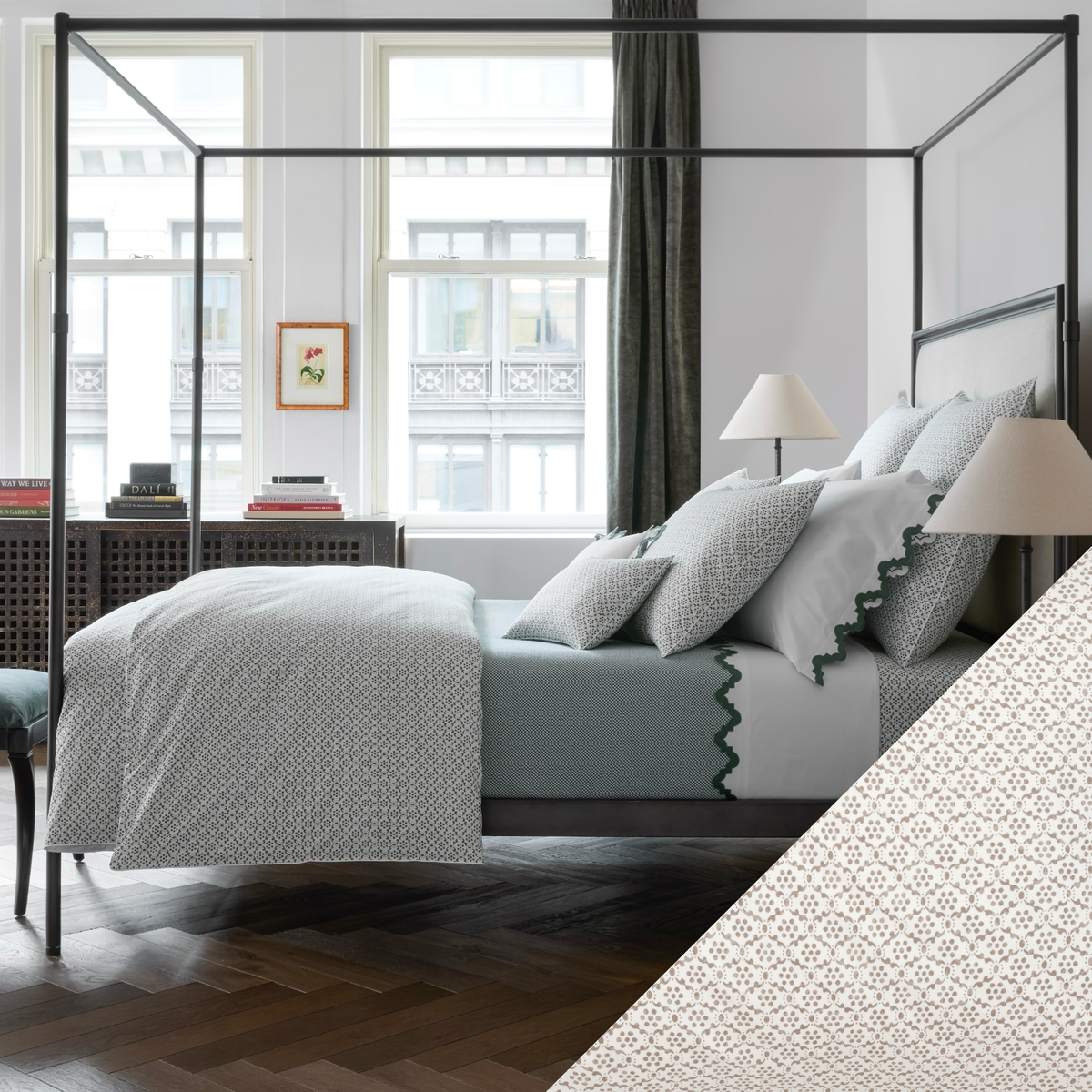 Bed in Matouk Schumacher Laksha Bedding with Oak Swatch Sample