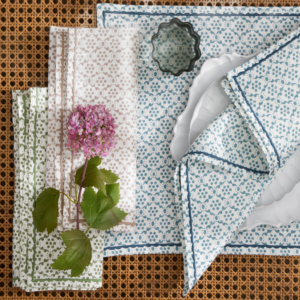 Matouk Schumacher Laksha Table Linens in three colors