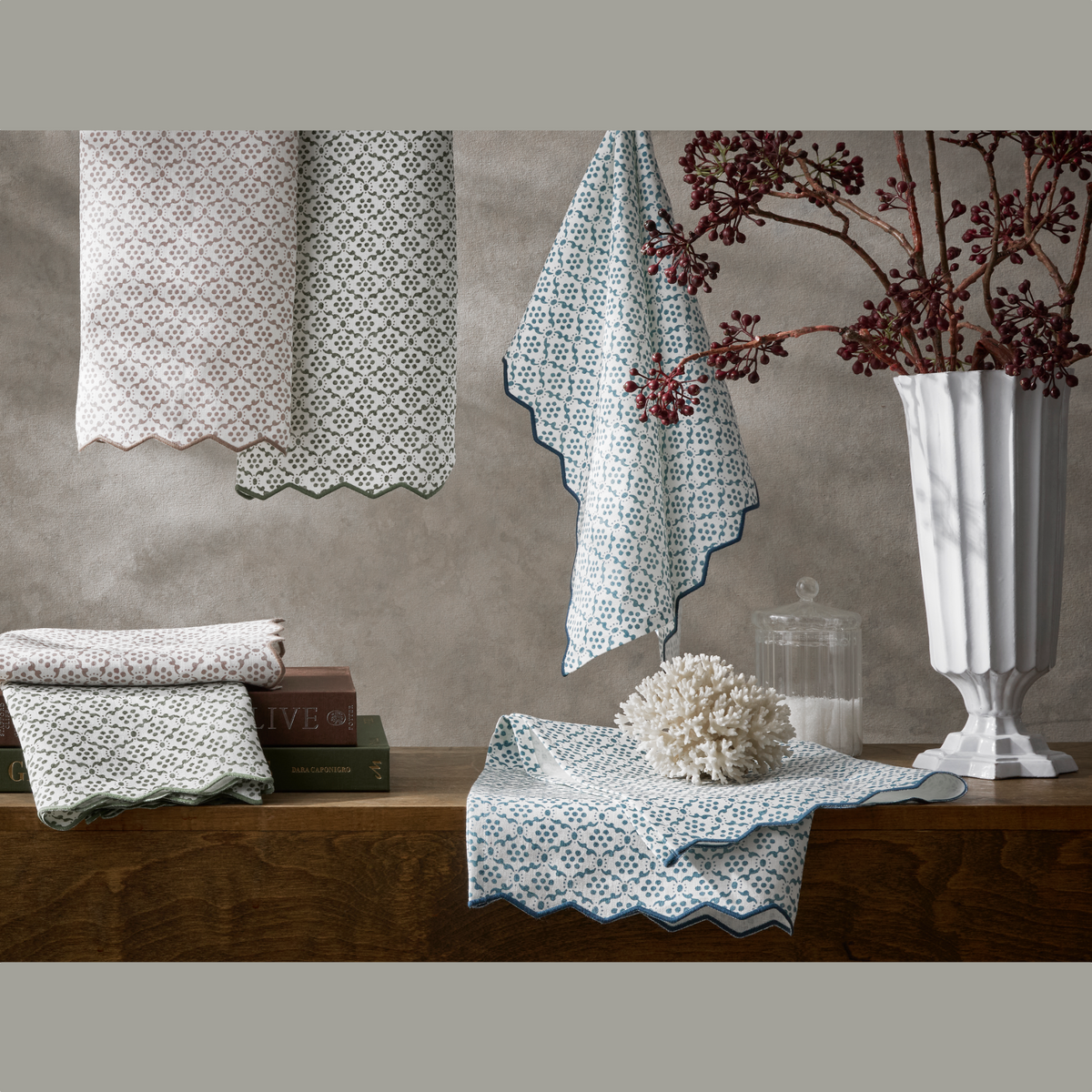 Hanging Matouk Schumacher Laksha Guest Towels in 2026 colors