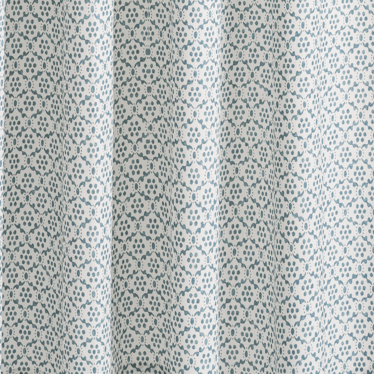 Fabric Closeup of Matouk Schumacher Laksha Shower Curtains in Lapis color
