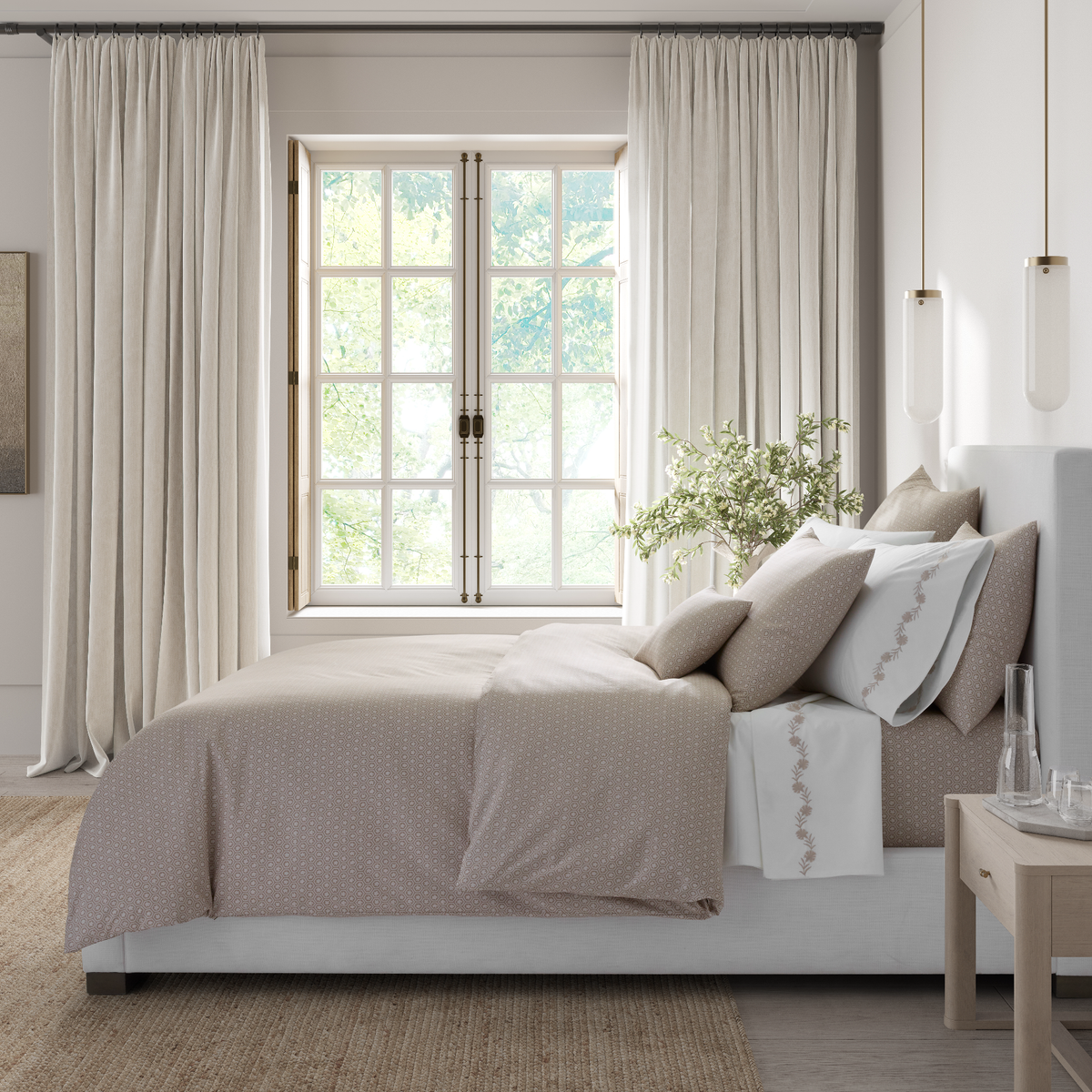 Sideview is Full Bed in Matouk Schumacher Levi Bedding Dune Color