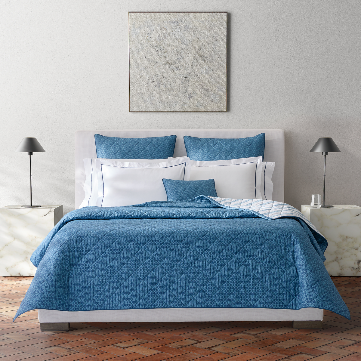 Full Bed Dressed in Prussian Blue Quilted Matouk Schumacher Levi Bedding
