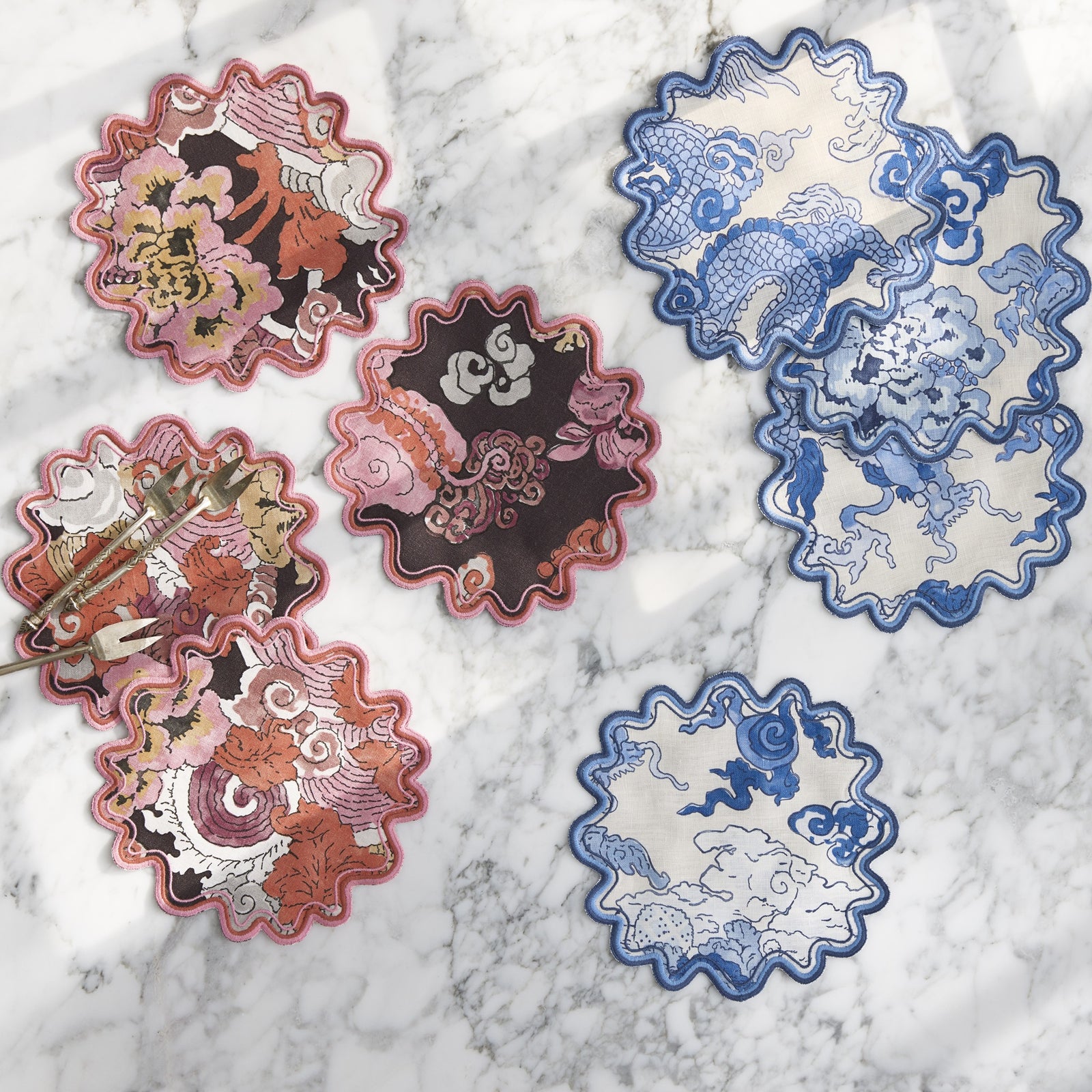 Lifestyle Shot of Matouk Schumacher Magic Mountain Table Linens in Color Porcelain Blue