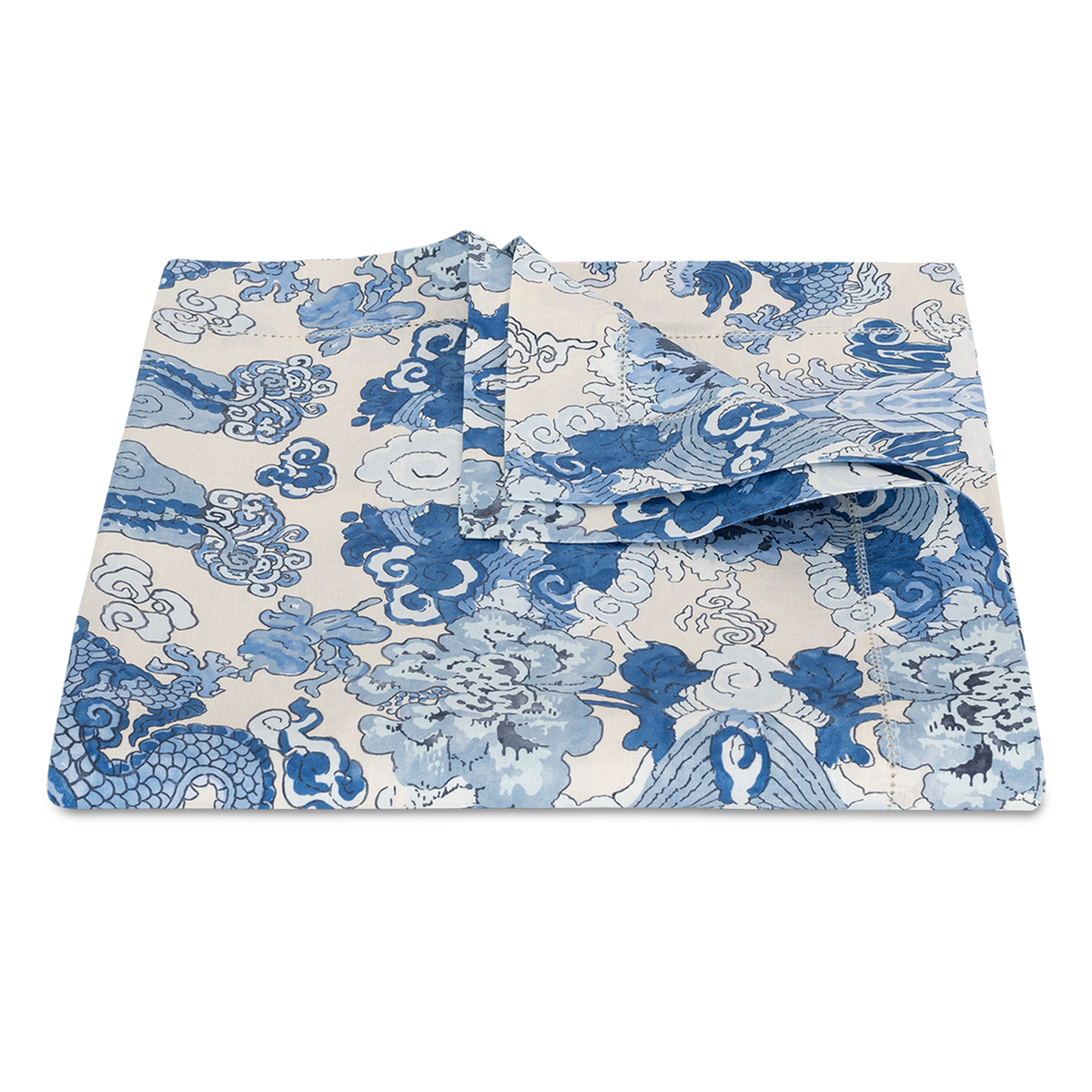 Folded Table Cloth of Matouk Schumacher Magic Mountain Table Linens in Color Porcelain Blue