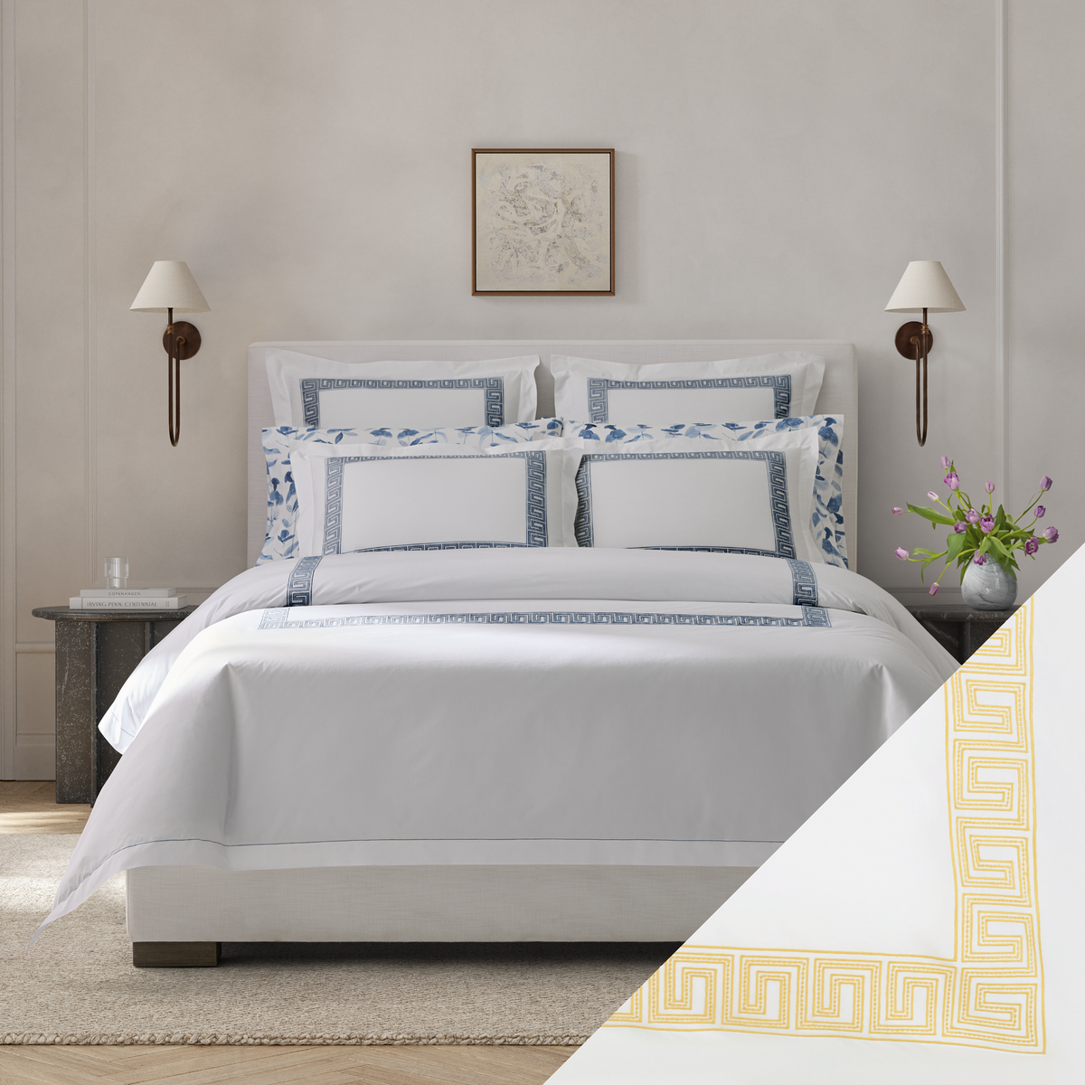 Bed in Matouk Schumacher Ophelia Bedding with Lemon Swatch