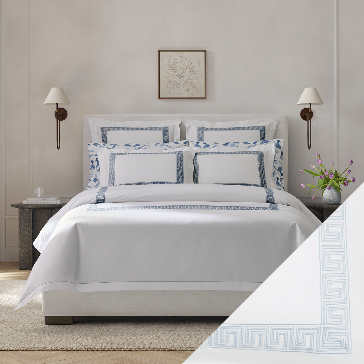 Bed in Matouk Schumacher Ophelia Bedding with Light Blue Swatch