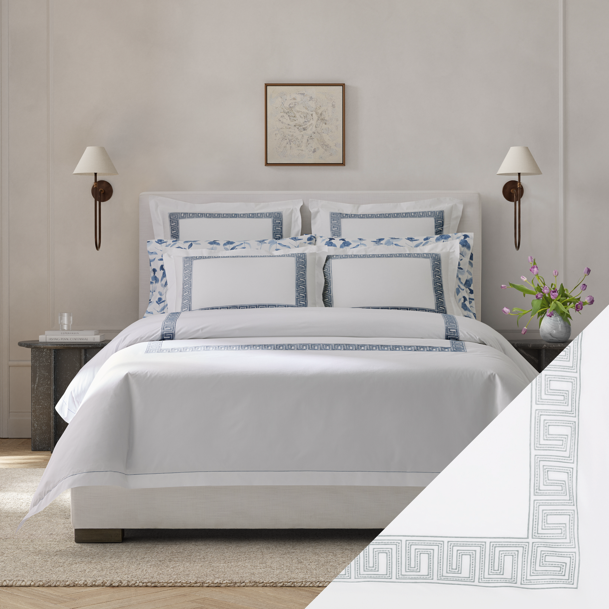 Bed in Matouk Schumacher Ophelia Bedding with Silver Swatch