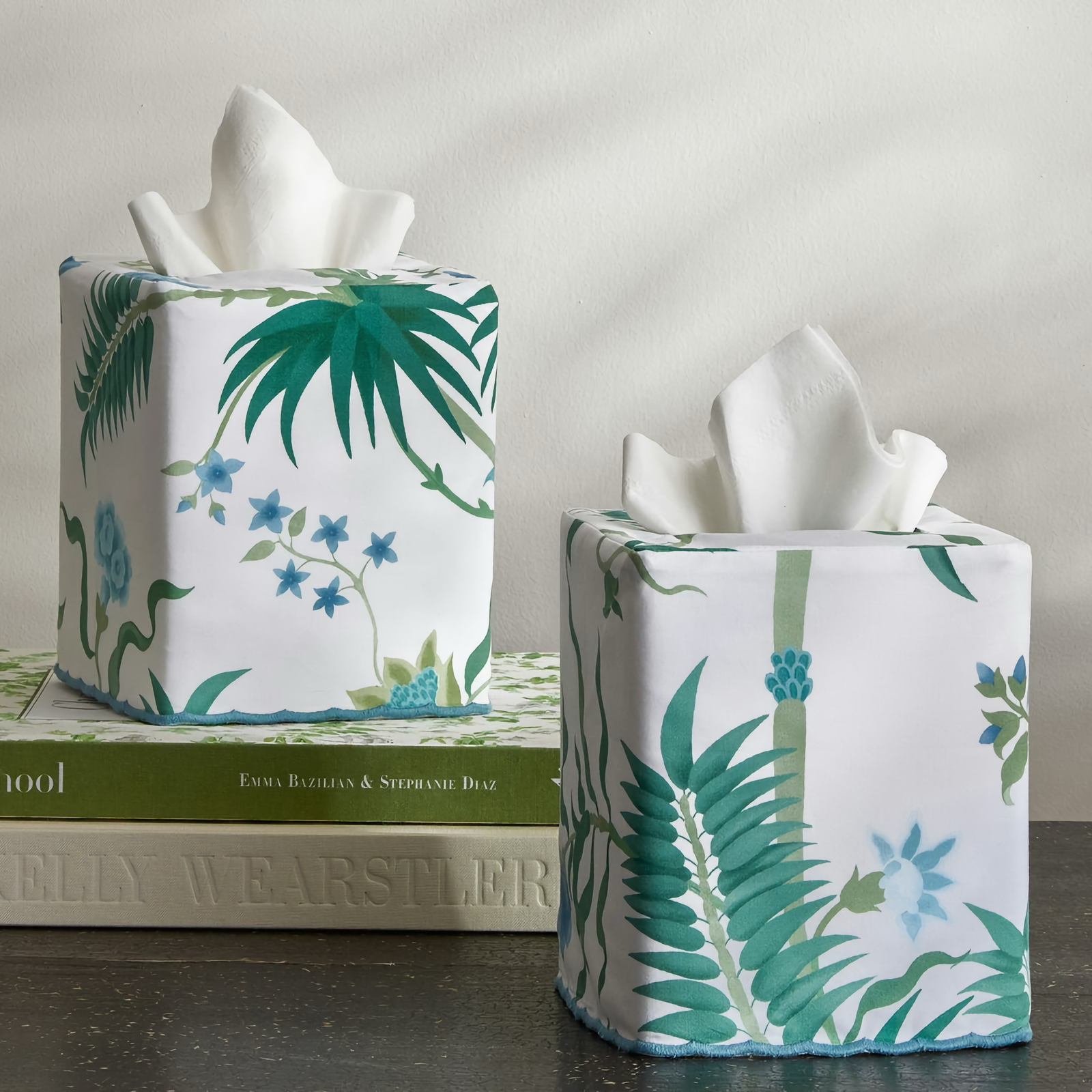 A pair of Matouk Schumacher Palmyra Tissue Box Cover in Emerald