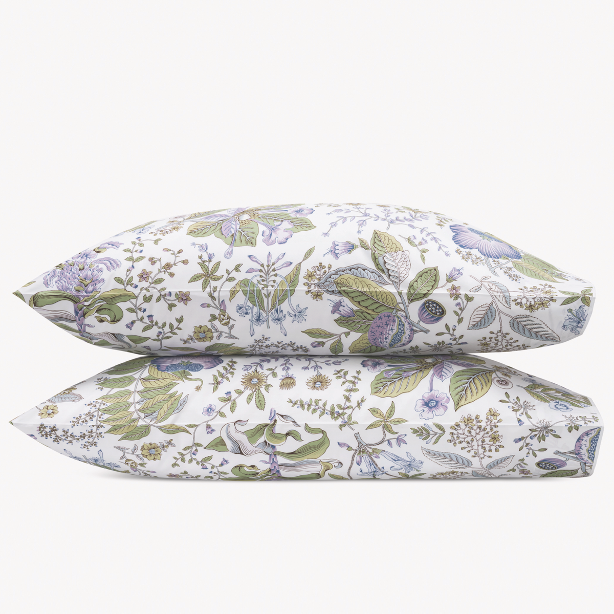 Stack of two pillows in Lilac Schumacher Matouk pomegranate bed design
