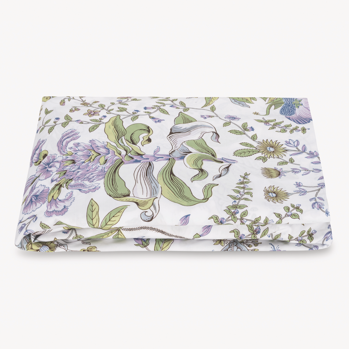 A folded Egyptian cotton percale fitted sheet with Lilac Schumacher Matouk pomegranate bed design