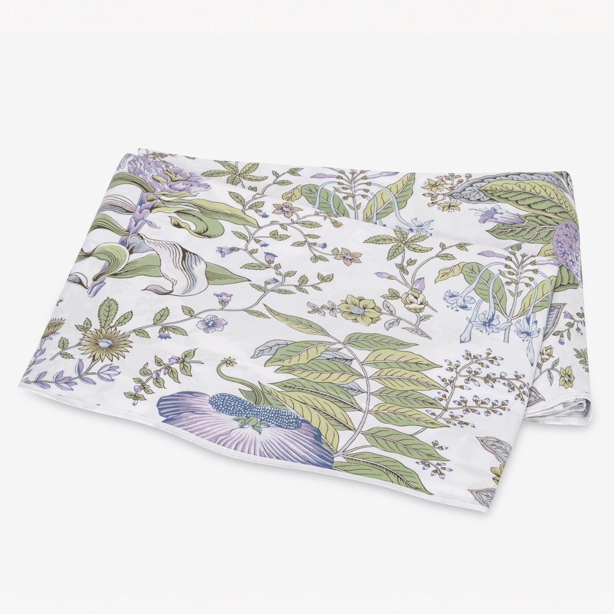 A folded Egyptian cotton percale flat sheet in Lilac Schumacher Matouk pomegranate bed design