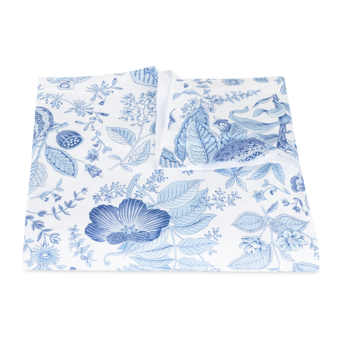 Folded Duvet Cover of Matouk Schumacher Pomegranate Linen Bedding in Porcelain Blue Color