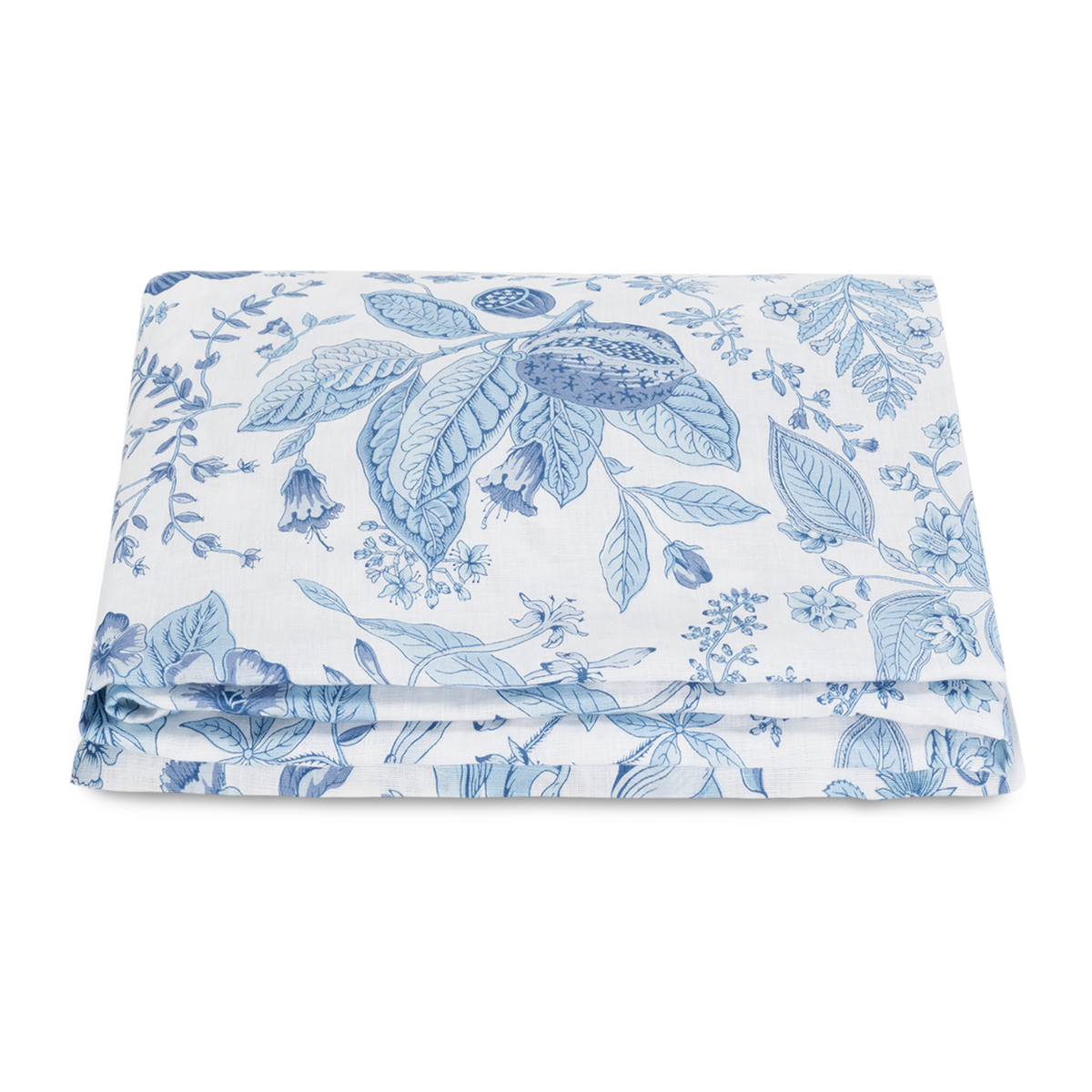 Folded Fitted Sheet of Matouk Schumacher Pomegranate Linen Bedding in Porcelain Blue Color