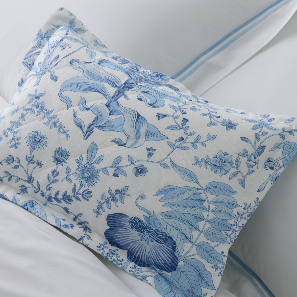 Detailed Top View of Matouk Schumacher Pomegranate Linen Bedding Sham in Porcelain Blue Color