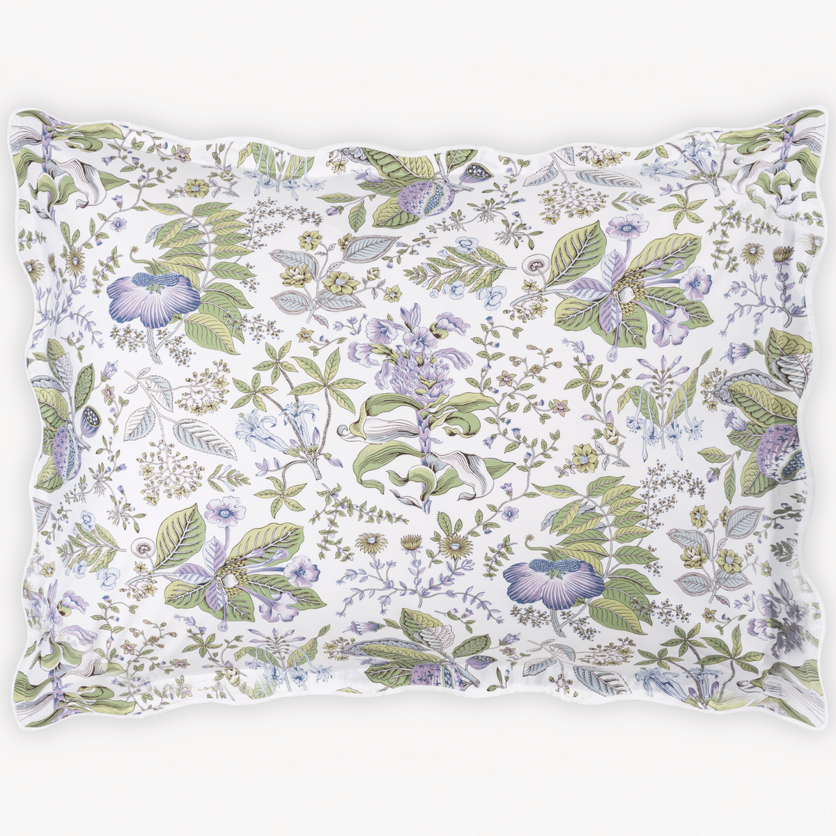 Oversized Euro Sham size in Schumacher Matouk Pomegranate Lilac pattern on crisp white Egyptian cotton percale