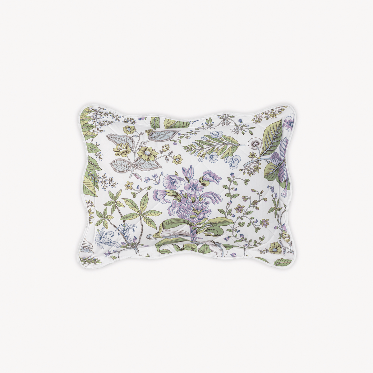 Quilted Boudoir Sham size in Schumacher Matouk Pomegranate Lilac pattern on crisp white Egyptian cotton percale