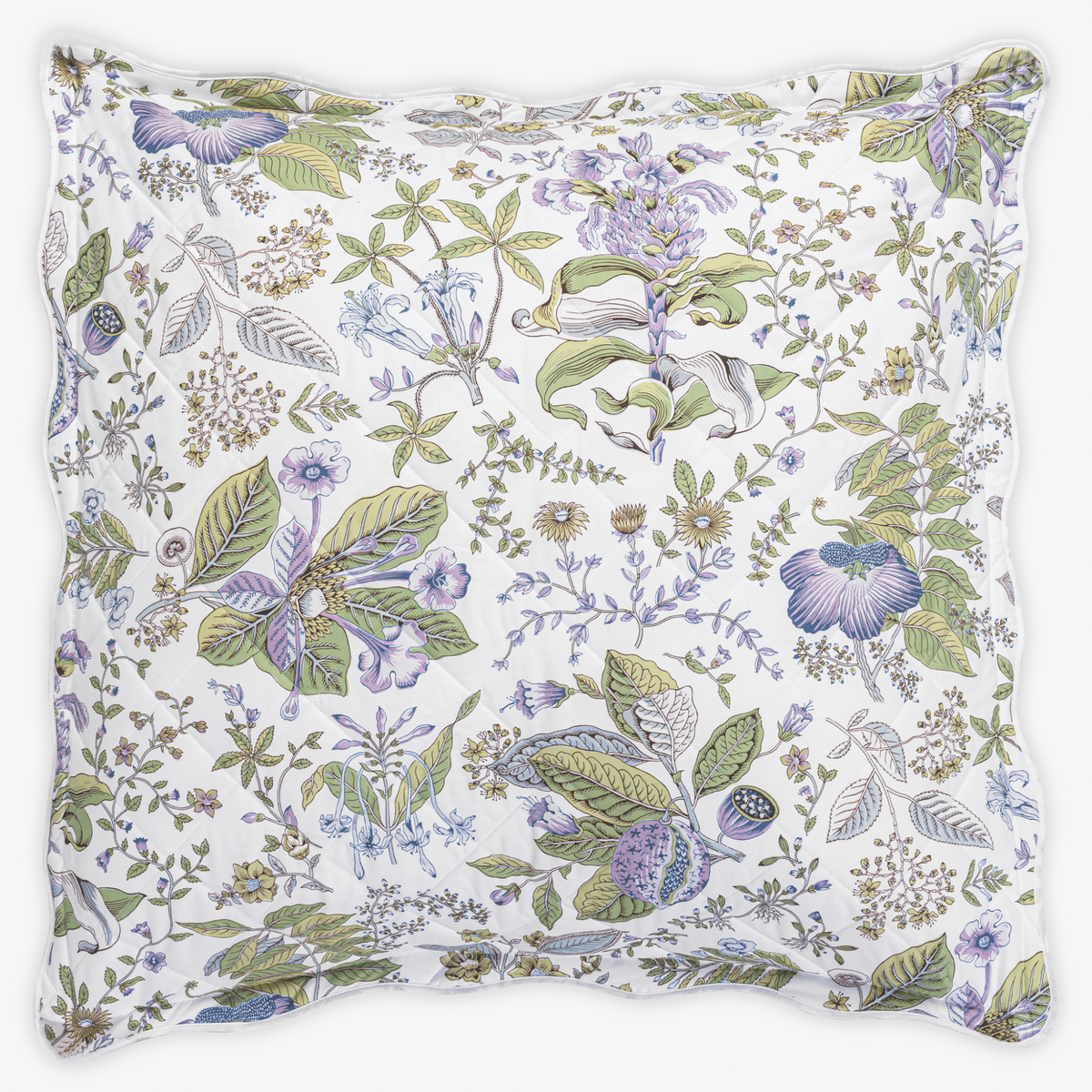 Quilted Euro Sham size in Schumacher Matouk Pomegranate Lilac pattern on crisp white Egyptian cotton percale