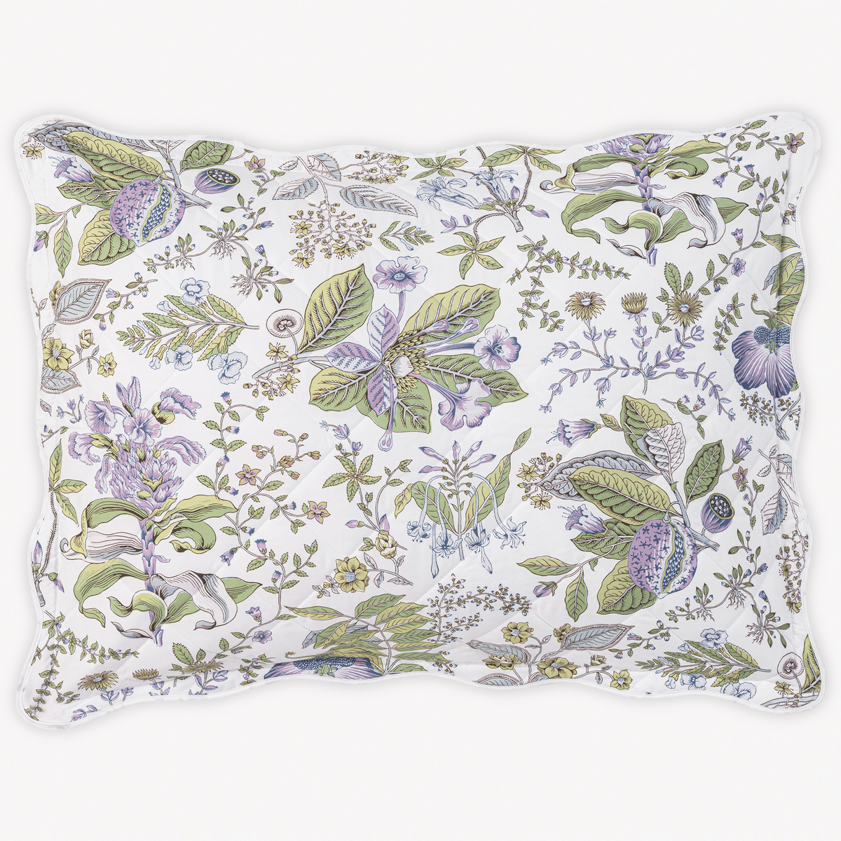 Quilted Sham Silo size in Schumacher Matouk Pomegranate Lilac pattern on crisp white Egyptian cotton percale