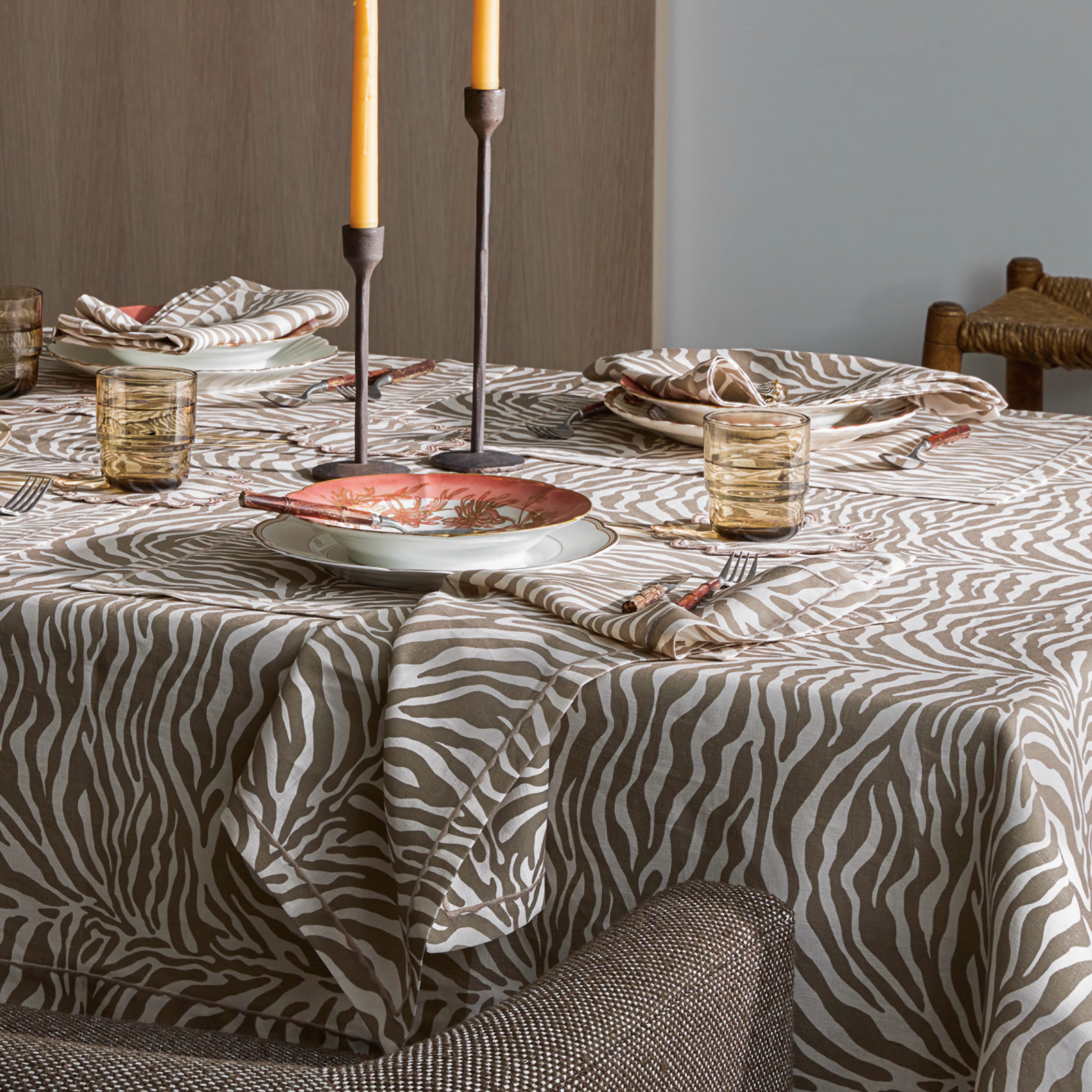 Table with Matouk Schumacher Regine Table Linens Collection in Coconut
