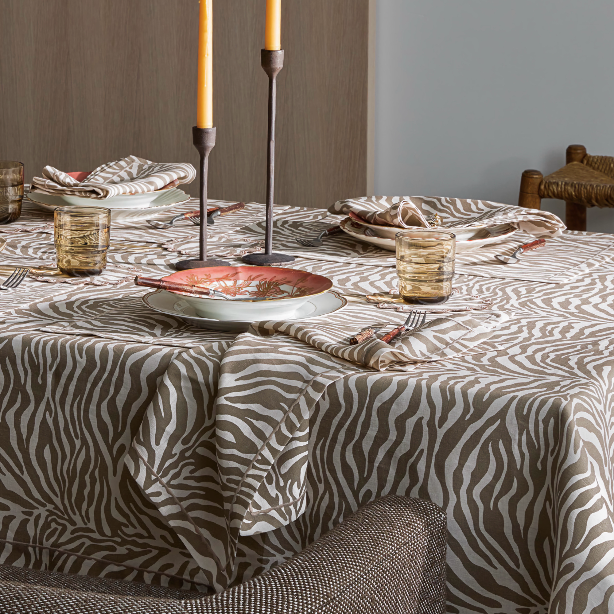 Table with Matouk Schumacher Regine Table Linens Collection in Coconut