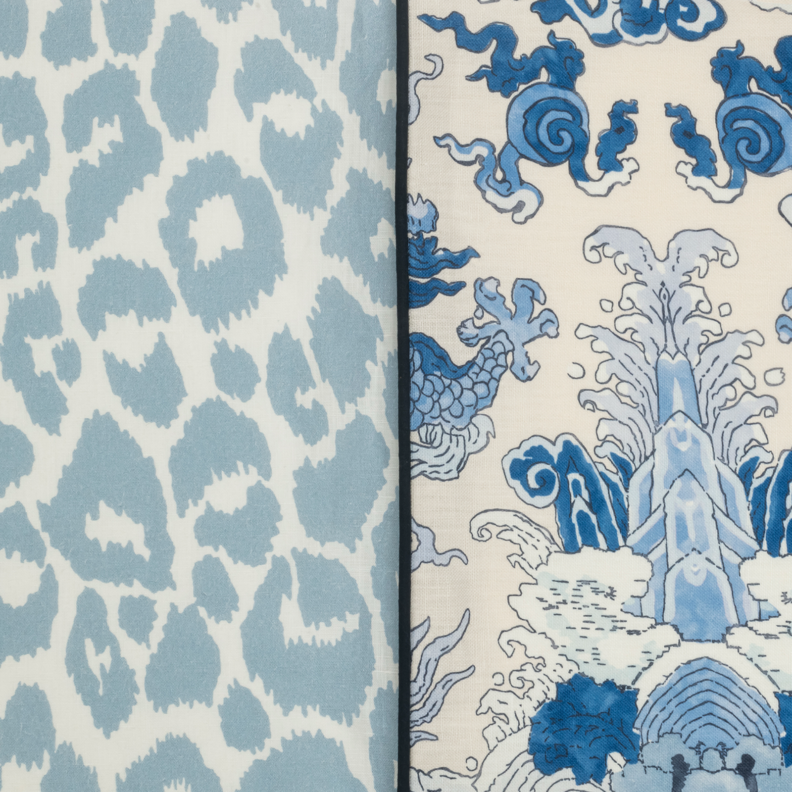 Stack of Matouk Schumacher Reversible Pillow Collection in Magic Mountain Porcelain Blue/Iconic Leopard Sky