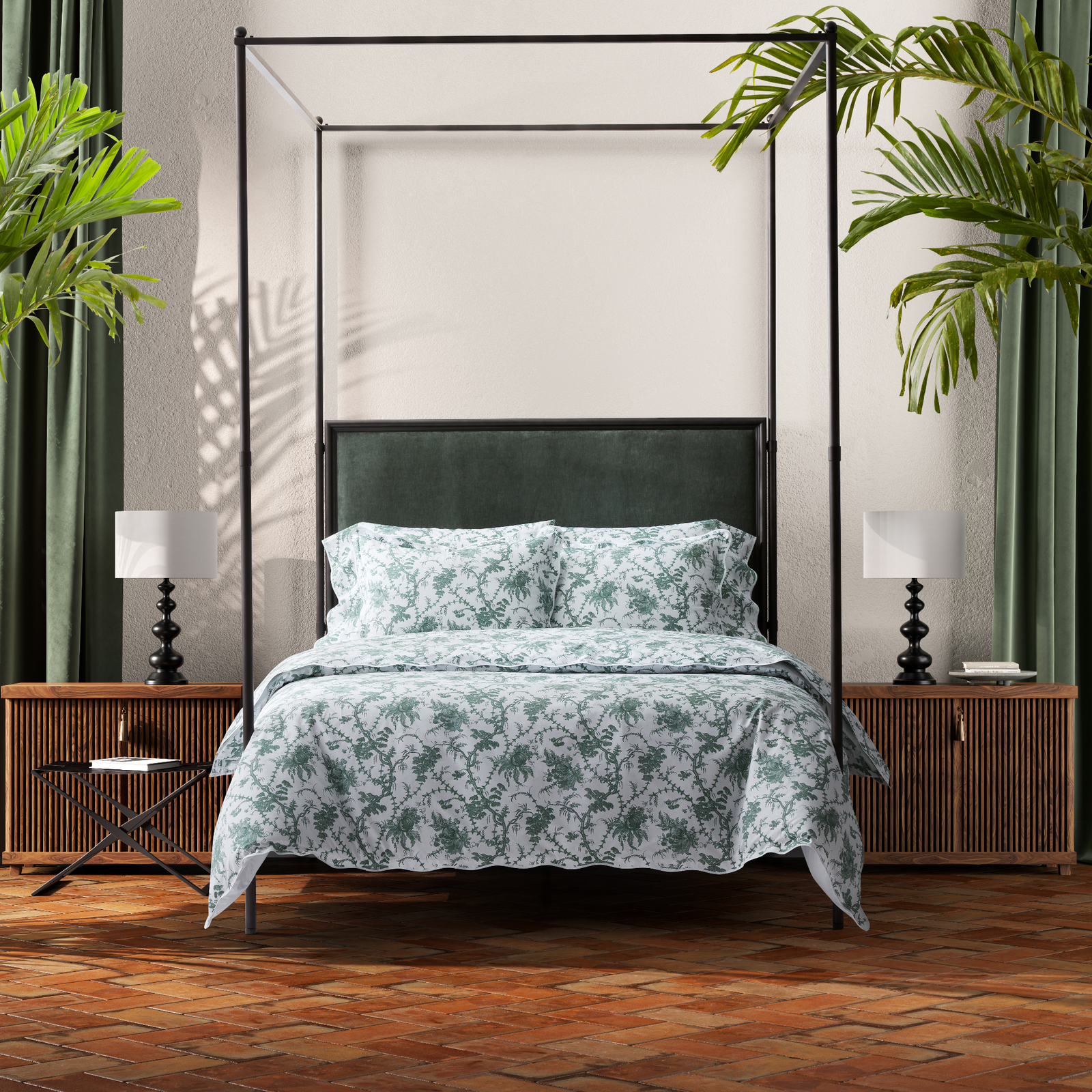 Full Bed Dressed in Matouk Schumacher San Cristobal Bedding in Green Color