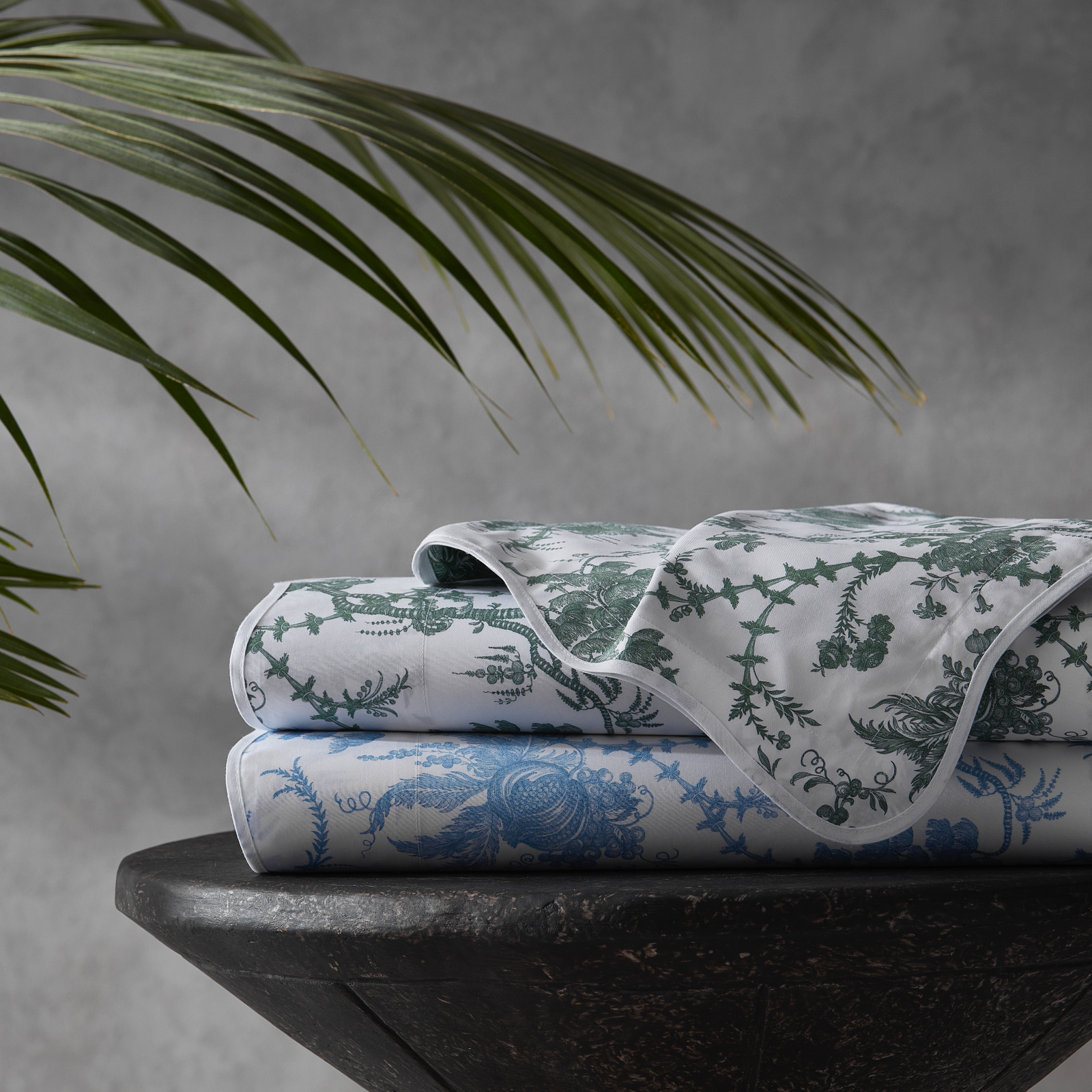 Full Bed Dressed in Matouk Schumacher San Cristobal Bedding with Sky Swatch