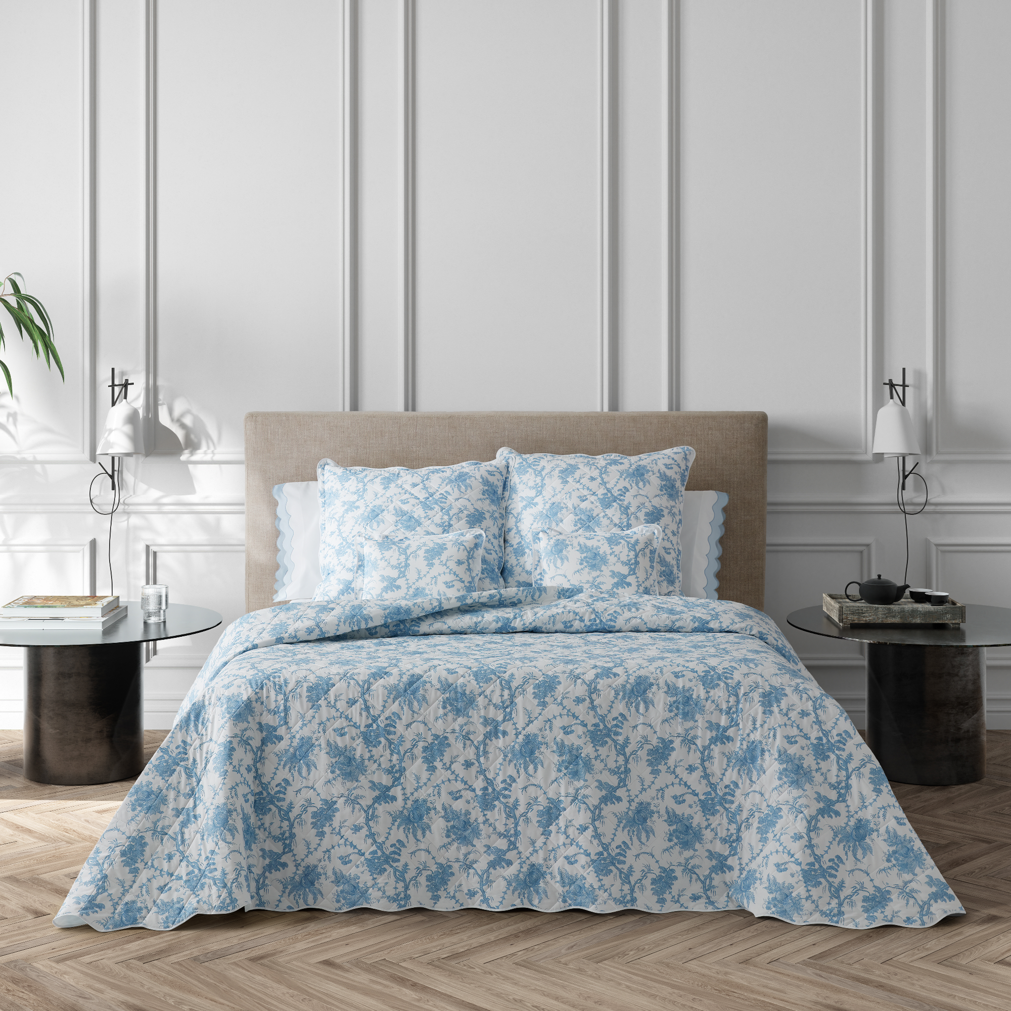 Full Bed Dressed in Matouk Schumacher San Cristobal Bedding in Sky Color