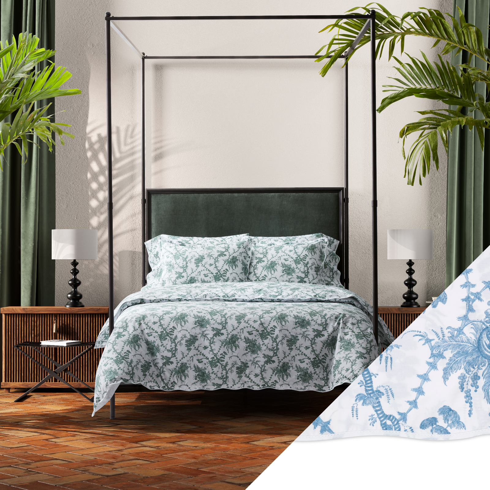 Full Bed Dressed in Matouk Schumacher San Cristobal Bedding with Sky Swatch