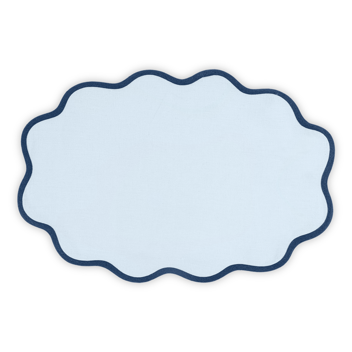 Oval Placemat of Matouk Scallop Edge Table Linens in Color Ice Blue/Navy