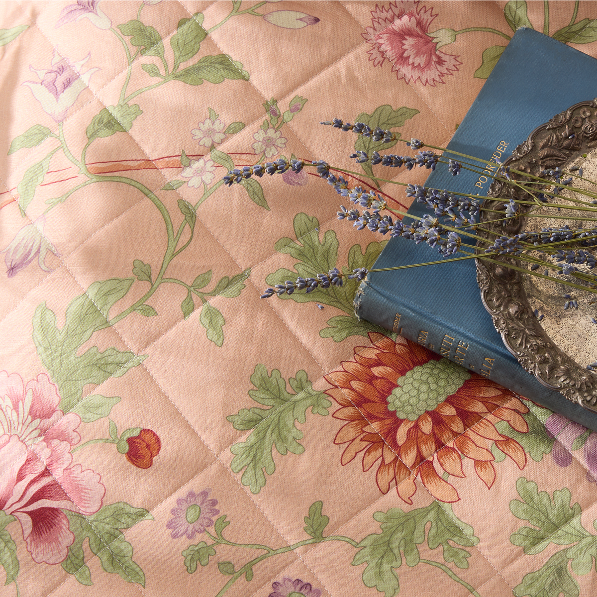Detail of Quilt of Matouk Schumacher Simone Linen Bedding Apricot Color