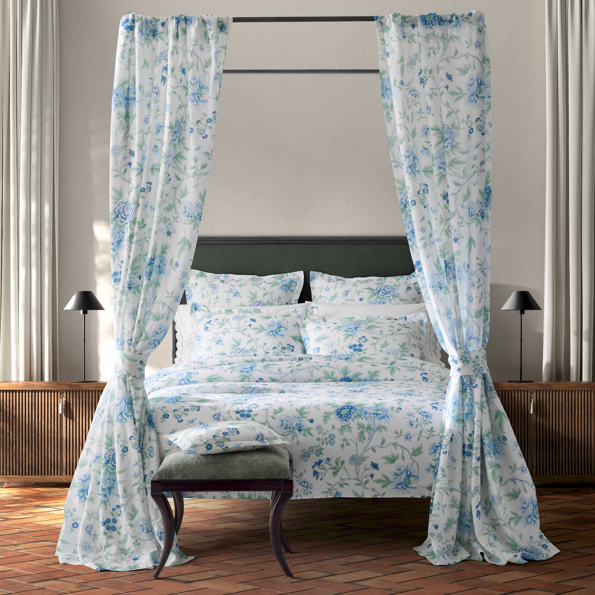 Full Bed Dressed in Matouk Schumacher Simone Linen Bedding in Sea Color